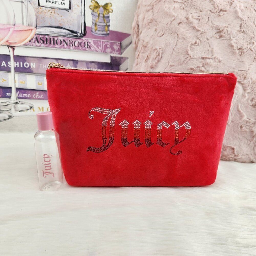 {Juicy Couture} Red Velour Rhinestones Cosmetic Bag Case